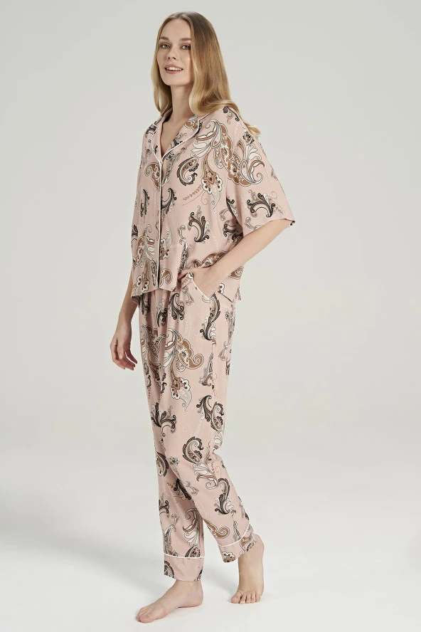 Kadın Pamuklu Şal Desenli Önden Düğmeli V Yaka Pijama Takımı - 4