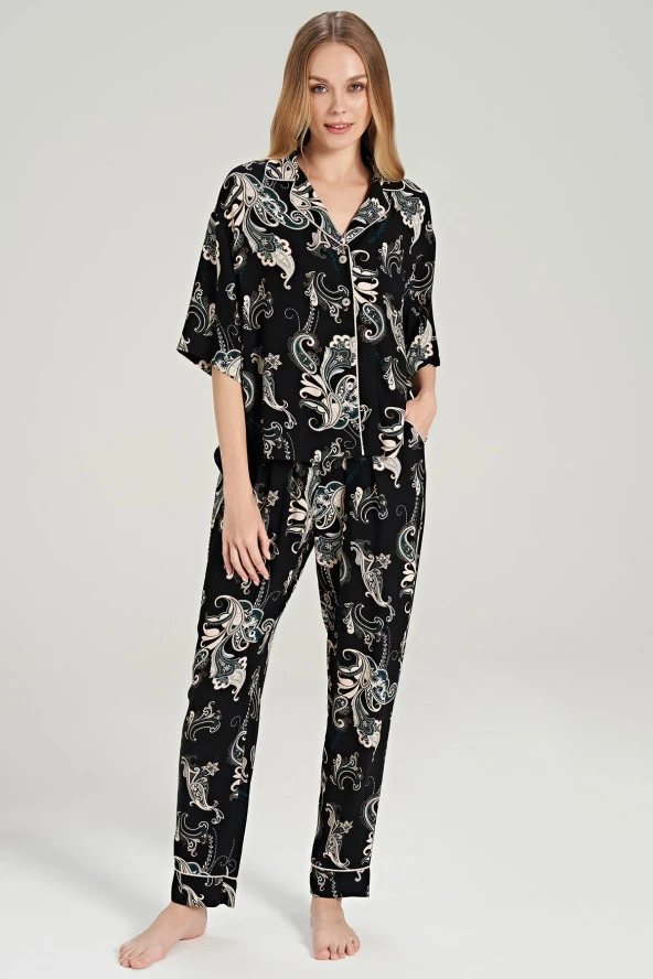 Kadın Pamuklu Şal Desenli Önden Düğmeli V Yaka Pijama Takımı - 8