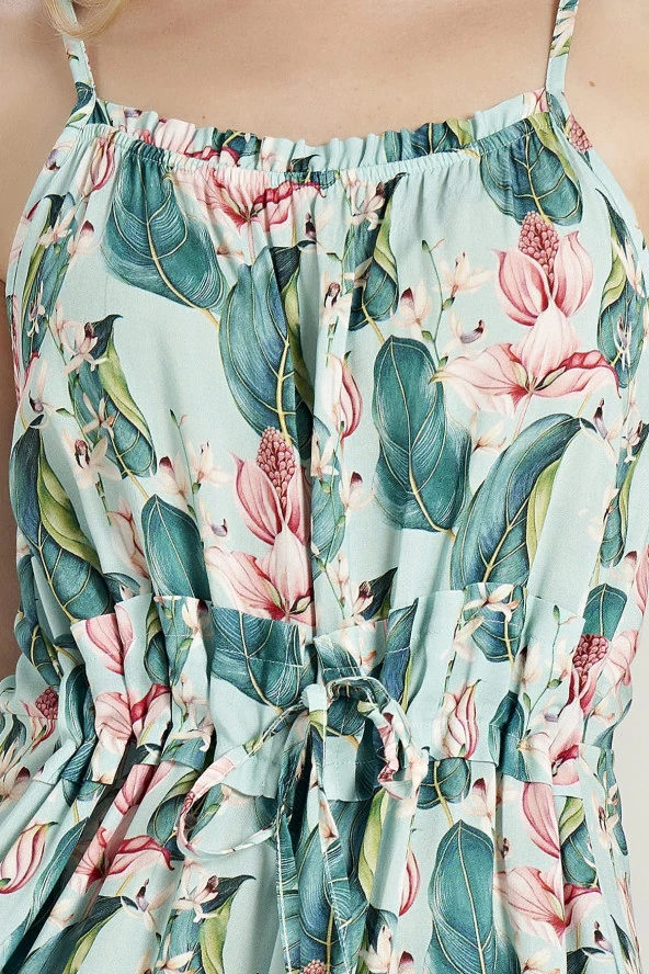 Kadın Pamuklu İp Askılı Yaprak Desenli Gecelik Elbise - 3