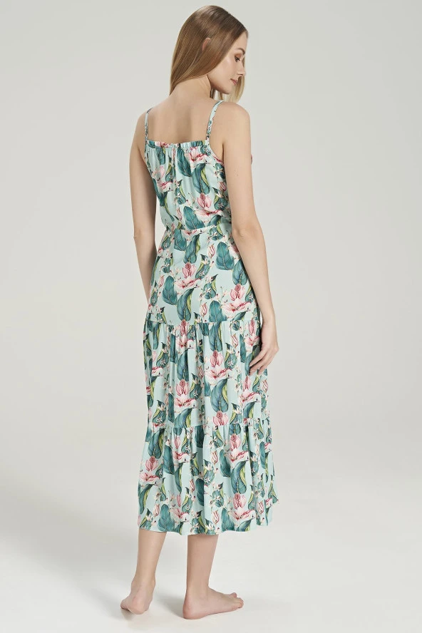 Kadın Pamuklu İp Askılı Yaprak Desenli Gecelik Elbise - 5