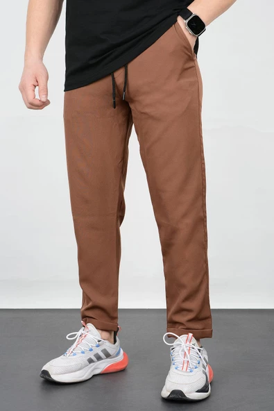 Erkek Slim Fit Beli Lastikli Double Paça Jogger Pantolon Kahverengi Edw073