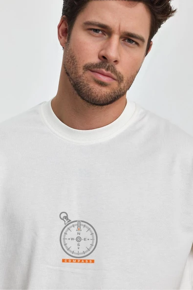 Erkek Oversize %100 Pamuk Pusula Baskılı T-shirt Ekru Edw040 - 2