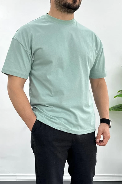 Erkek Oversize %100 Pamuk Nefes Alan Basic T-shirt Yeşil Edw038 - 2