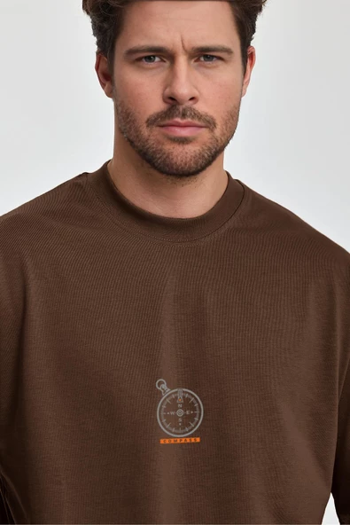 Erkek Oversize %100 Pamuk Pusula Baskılı T-shirt Kahverengi Edw040 - 2
