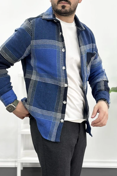 Erkek Kalın Slim Fit Oduncu Gömlek Mavi Edw035 - 2