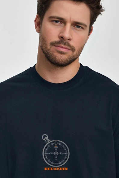 Erkek Oversize %100 Pamuk Pusula Baskılı T-shirt Lacivert Edw040 - Resim 2