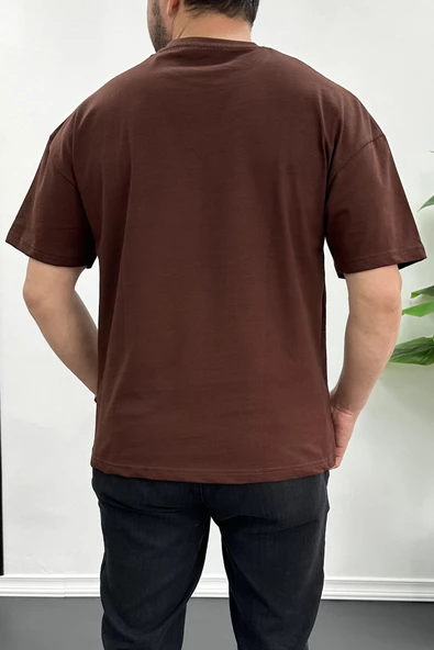Erkek Oversize %100 Pamuk Nefes Alan Basic T-shirt Kahverengi Edw038 - 3