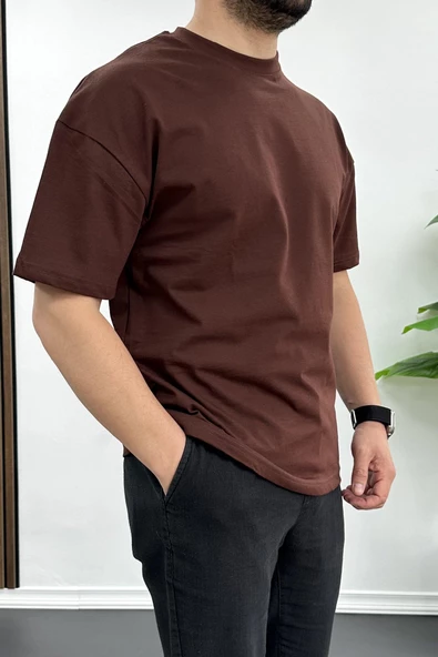 Erkek Oversize %100 Pamuk Nefes Alan Basic T-shirt Kahverengi Edw038 - 2