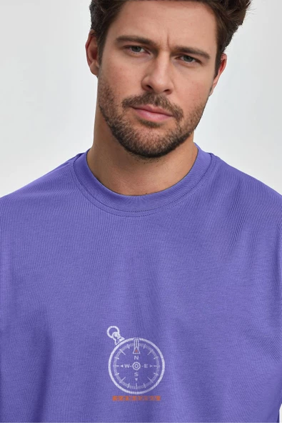 Erkek Oversize %100 Pamuk Pusula Baskılı T-shirt Mor Edw040 - 2