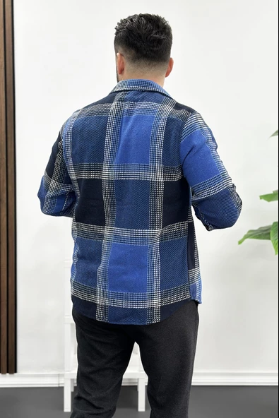 Erkek Kalın Slim Fit Oduncu Gömlek Mavi Edw035 - 3