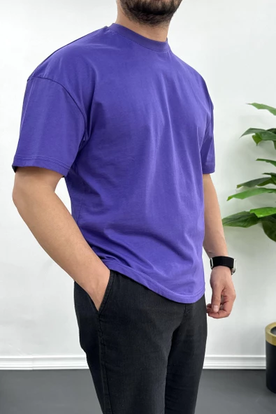 Erkek Oversize %100 Pamuk Nefes Alan Basic T-shirt Mor Edw038 - Resim 2