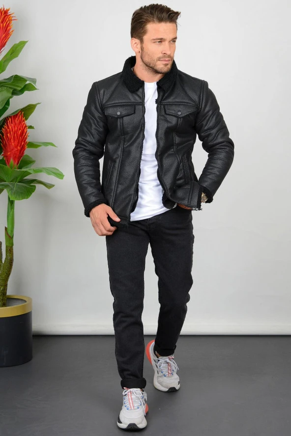 Erkek İçi Kürklü Slim Fit Premium Deri Mont Siyah Edw001 - 2