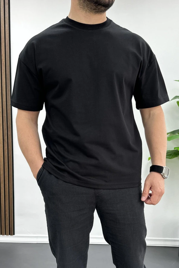Erkek Oversize %100 Pamuk Nefes Alan Basic T-shirt Siyah Edw038