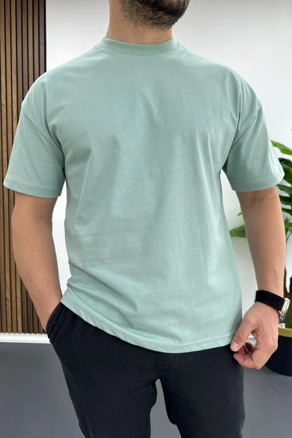 Erkek Oversize %100 Pamuk Nefes Alan Basic T-shirt Yeşil Edw038
