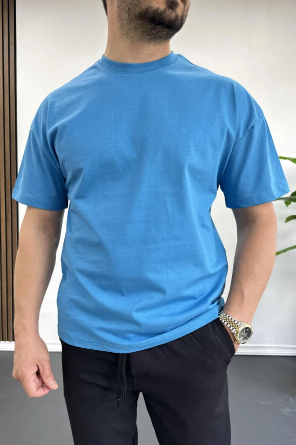 Erkek Oversize %100 Pamuk Nefes Alan Basic T-shirt Mavi Edw038