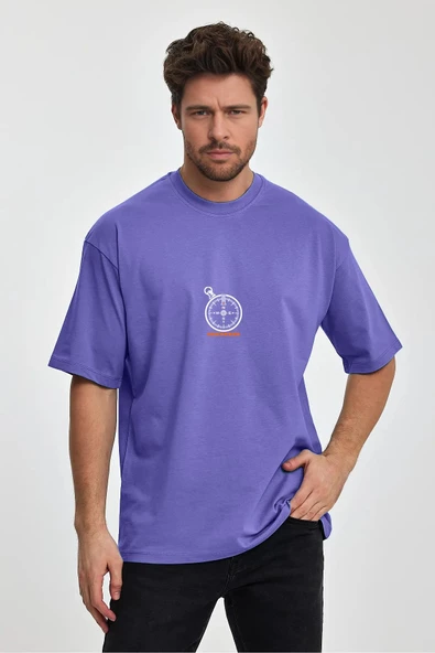 Erkek Oversize %100 Pamuk Pusula Baskılı T-shirt Mor Edw040 - 1