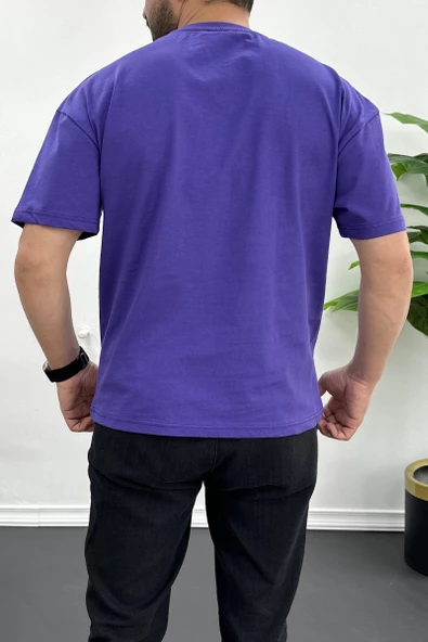 Erkek Oversize %100 Pamuk Nefes Alan Basic T-shirt Mor Edw038 - Resim 3