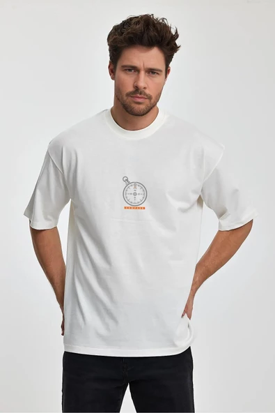 Erkek Oversize %100 Pamuk Pusula Baskılı T-shirt Ekru Edw040 - 1