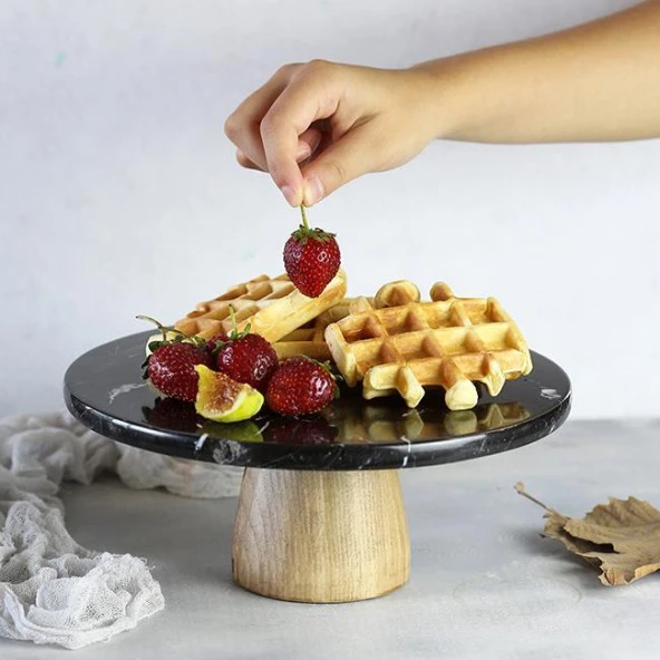 Akayev Mermer 25 Cm Konik Ahşap Ayaklı Siyah Yuvarlak Sunum Tabağı - 4