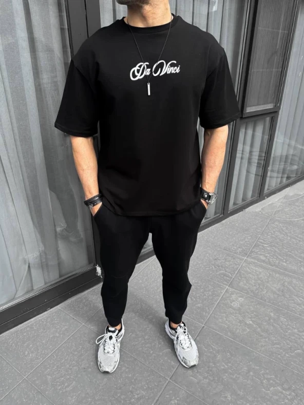 Unisex Nakışlı Oversize T-Shirt - Siyah