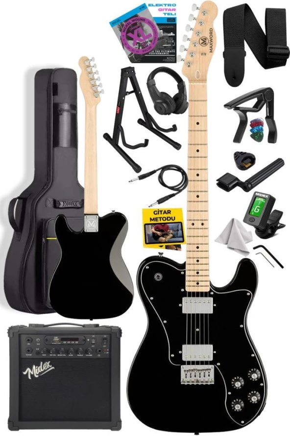 Maxword TLX-60BK-25AMP Telecaster Maple Klavye HH 25W Amfili Elektro Gitar Seti - 3
