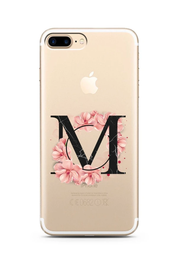iPhone 7 Plus M Harfi Pembe Çiçekli Harf Tasarım Süper Şeffaf Silikon Telefon Kılıfı