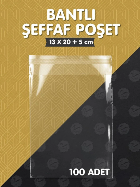 Bantlı Şeffaf Poşet (13x20+5cm)   100 Adet Parlak Jelatin Paket Hediye Poşeti -T955