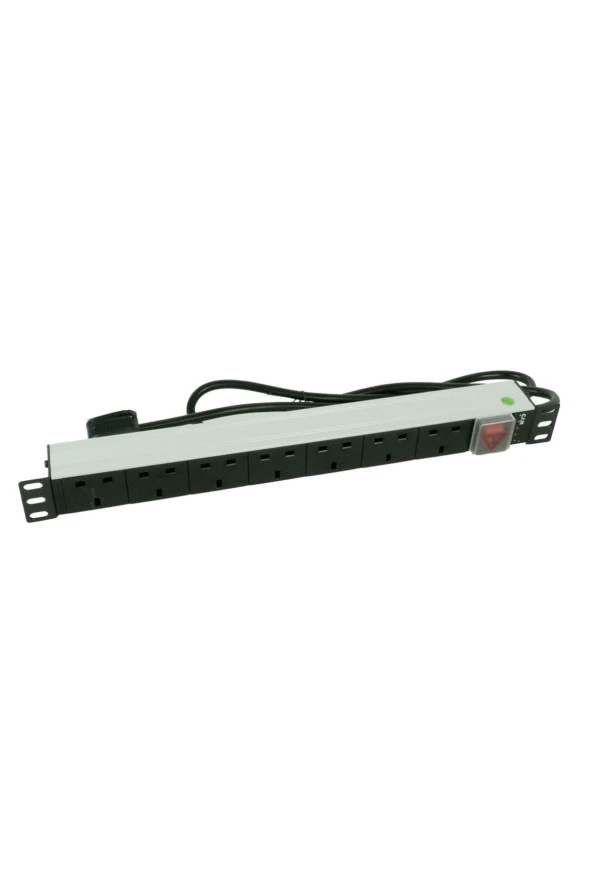 1U 19" 7 Soket UK Tipi Aleminyum On-Off Anahtarlı PDU 1,5mt