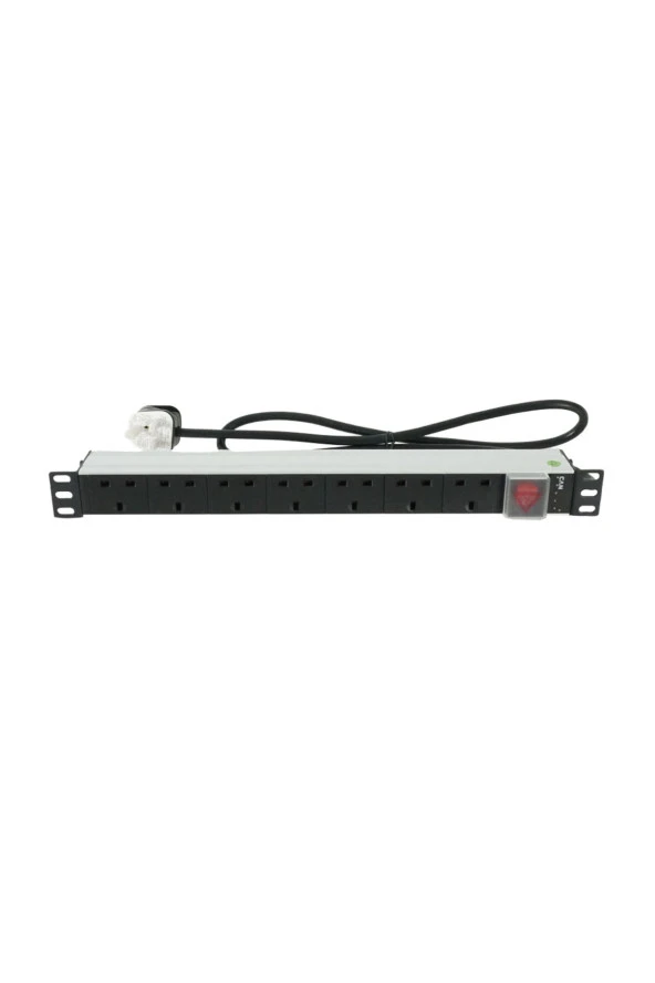 1U 19" 7 Soket UK Tipi Aleminyum On-Off Anahtarlı PDU 1,5mt - 2