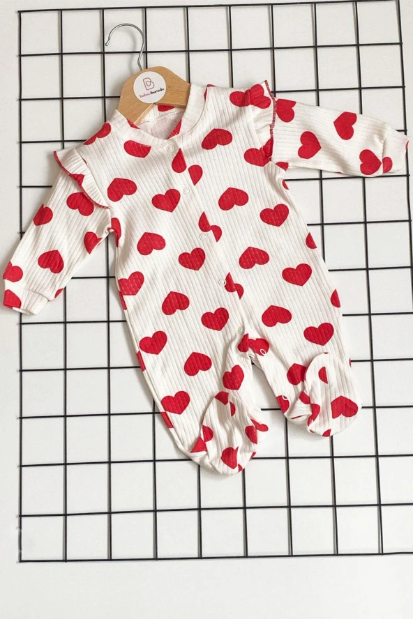 Kalp Baskılı Fırfır Detaylı Bebek Tulum