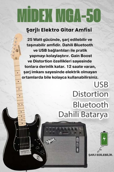 Maxword MAP-35BK-50AMP Maple Klavye SSH 50W Amfili Elektro Gitar Seti - Resim 2