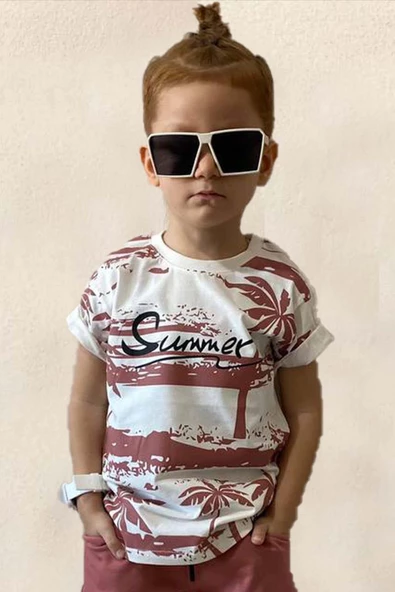Erkek Çocuk Summer Yazı ve Palmiye Baskılı Tişört Nar Çiçeği Şortlu Takım - 2
