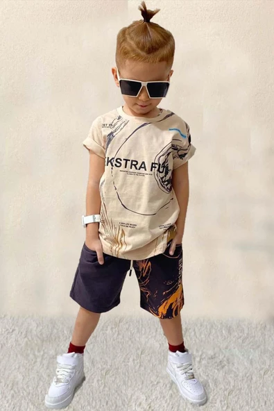 Erkek Çocuk Ekstra Fun Yazı ve Digital Baskılı Tişört Siyah Şortlu Takım ürün görseli