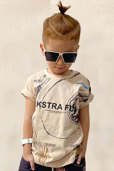 Erkek Çocuk Ekstra Fun Yazı ve Digital Baskılı Tişört Siyah Şortlu Takım - Resim 2