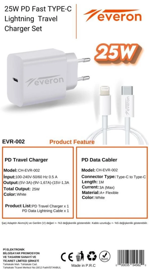 İphone İpad 25W Hızlı Şarj Cihazı Type-C to Lightning Kablolu Everon EVR002 - 7