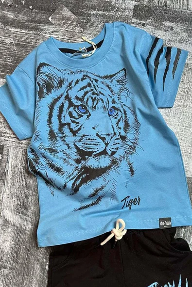 Erkek Çocuk Tiger Baskılı Mavi Tişört Şortlu Takım - 2
