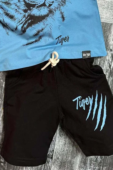 Erkek Çocuk Tiger Baskılı Mavi Tişört Şortlu Takım - 3