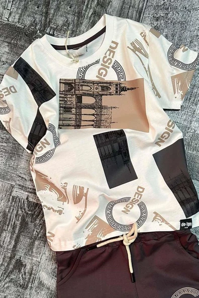 Erkek Çocuk Design Yazı Baskılı Kısa Kol Beyaz Tişört Şortlu Takım - Resim 2