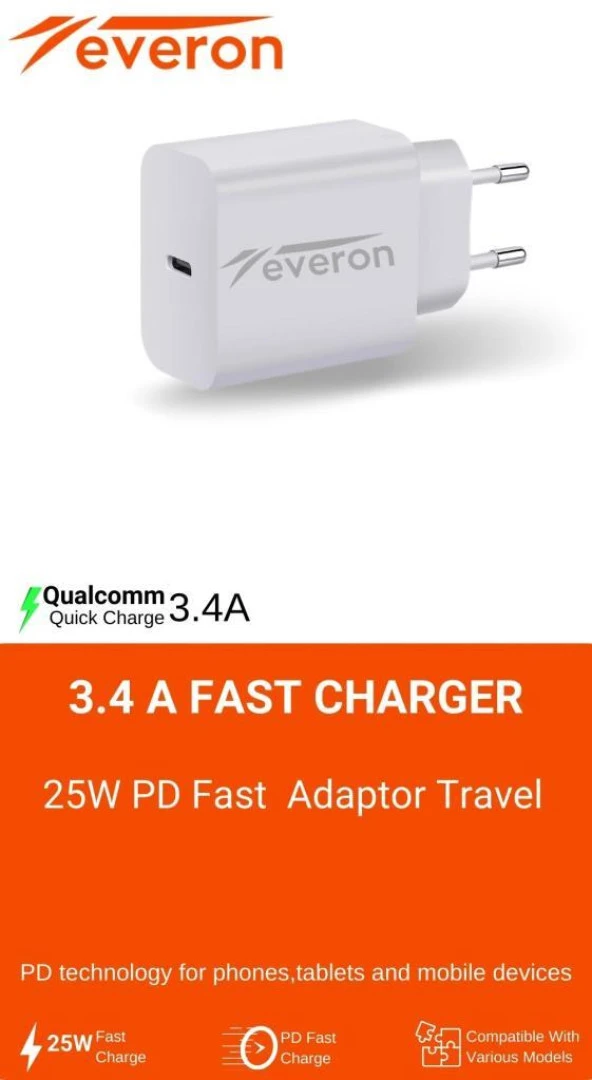 İphone ve İos Tüm Modeller Uyumlu 25W Hızlı Şarj Başlığı Type-C Girişli Everon EVR003 - 4