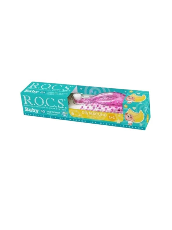 Rocs Baby 0-3 Yaş Muz Püresi Tadında Diş Macunu 45 gr + Diş Fırçası Seti Pembe