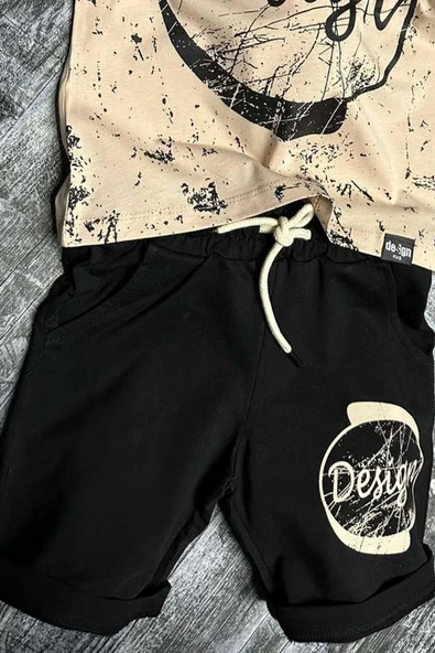 Erkek Çocuk Daire ve Design Baskılı Kısa Kol Siyah Şortlu Takım - Resim 3
