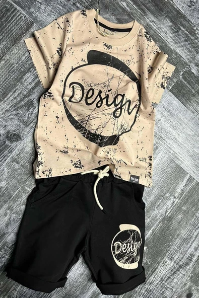 Erkek Çocuk Daire ve Design Baskılı Kısa Kol Siyah Şortlu Takım ürün görseli