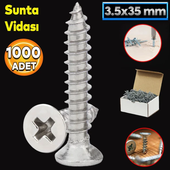 Sunta Vidası 3.5x35 Mm Paket 1000 Adet Sivri Uçlu Ahşap Tahta Ağaç Mobilya Ayak Kulp Vidası