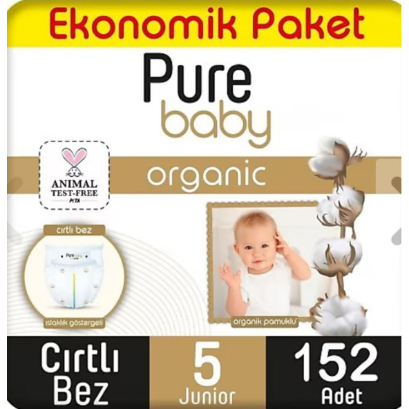 Pure Baby Organik Pamuklu Cırtlı Bez Ekonomik Paket 5 Numara Junior 152 Adet