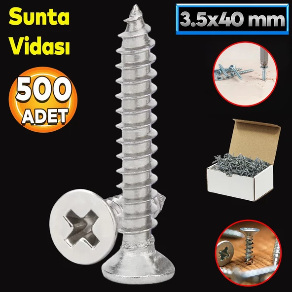 Sunta Vidası 3.5x40 Mm Paket 500 Adet Sivri Uçlu Ahşap Tahta Ağaç Mobilya Ayak Kulp Vidası