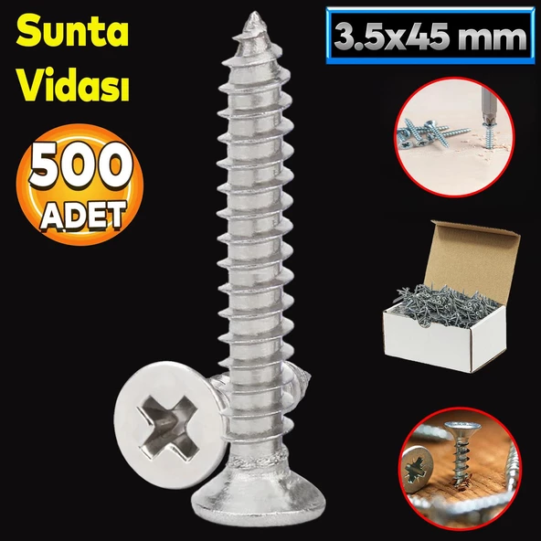 Sunta Vidası 3.5x45 Mm Paket 500 Adet Sivri Uçlu Ahşap Tahta Ağaç Mobilya Ayak Kulp Vidası