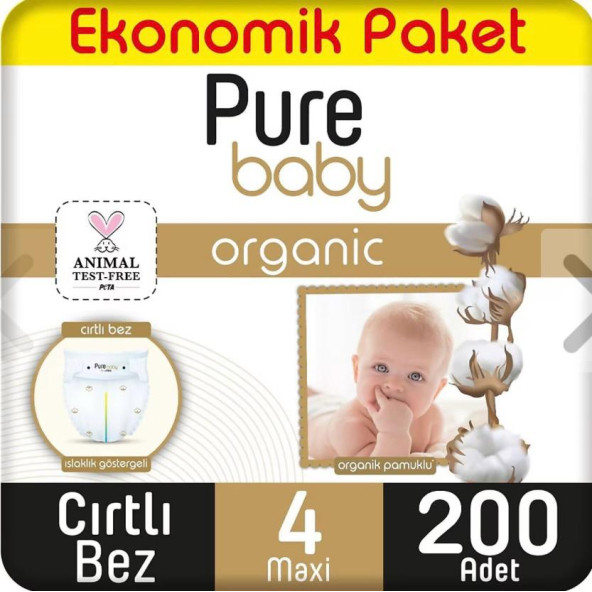 Pure Baby Organik Pamuklu 4 Numara Maxi 200'lü Bebek Bezi