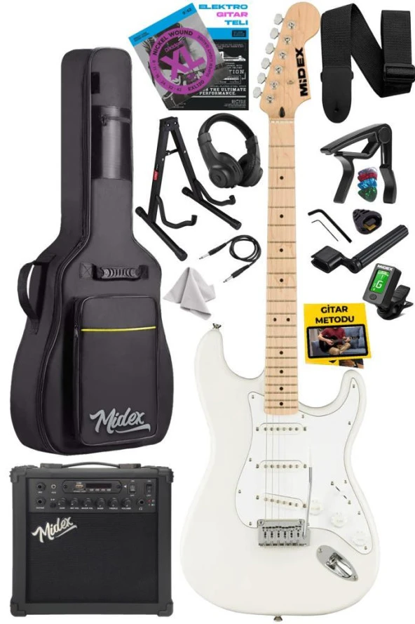 Midex RPH-30WH-25AMP Maple Klavye SSS 25W Amfili Elektro Gitar Seti