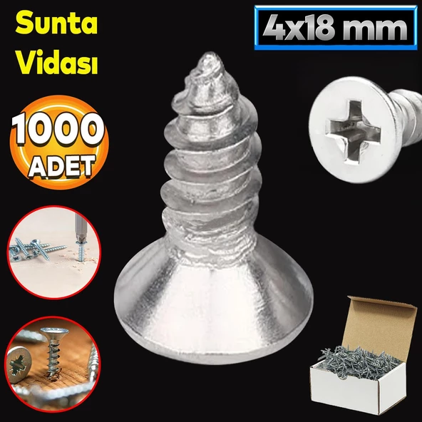 Sunta Vidası 4x18 Mm Paket 1000 Adet Sivri Uçlu Ahşap Tahta Ağaç Mobilya Ayak Kulp Vidası