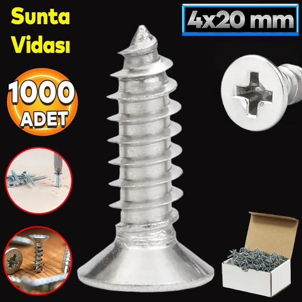 Sunta Vidası 4x20 Mm Paket 1000 Adet Sivri Uçlu Ahşap Tahta Ağaç Mobilya Ayak Kulp Vidası